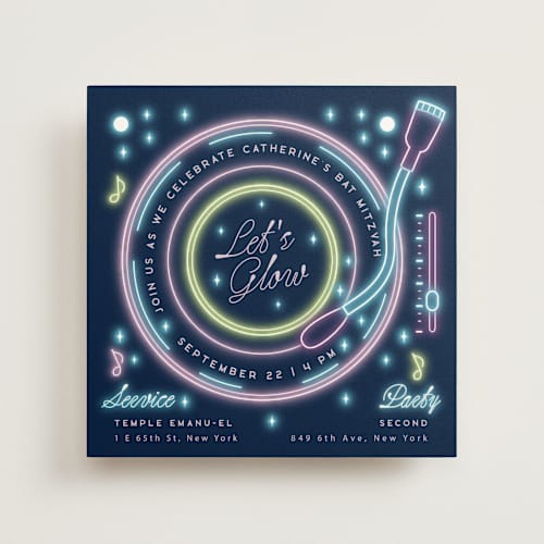 This is a navy bar mitzvah bat mitzvah invitations with standard by Ana de Sousa called neon spin printing on signature in standard