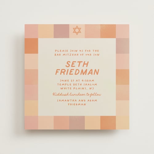 This is a melon bar mitzvah bat mitzvah invitations with standard by Creo Study called checkered mitzvah printing on signature in standard