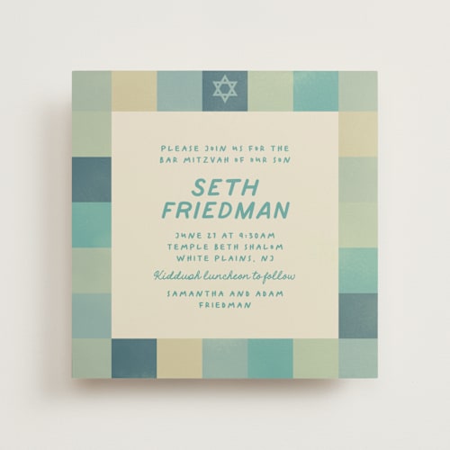 This is a turquoise bar mitzvah bat mitzvah invitations with standard by Creo Study called checkered mitzvah printing on signature in standard