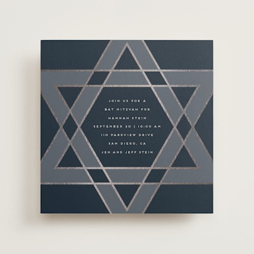This is a navy bar mitzvah bat mitzvah invitations with foil pressed by Stacy Maalouf called square star of david printing on signature in standard