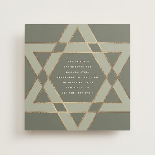 This is a sage bar mitzvah bat mitzvah invitations with foil pressed by Stacy Maalouf called square star of david printing on signature in standard