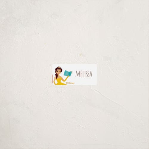 This is a daisy name labels with standard by Lori Wemple called storytime with belle from disney's beauty and the beast printing on waterproof sticker paper in sticker