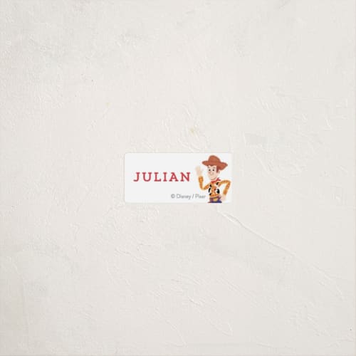 This is a cherry name labels with standard by Rebecca Smith called woody from disney and pixar's toy story printing on waterproof sticker paper in sticker