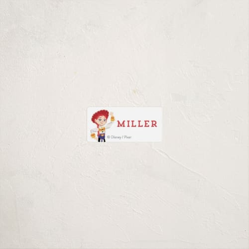 This is a cherry name labels with standard by Rebecca Smith called jessie from disney and pixar's toy story printing on waterproof sticker paper in sticker