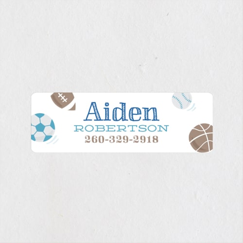 This is a indigo name labels with standard by Jessie Steury called ballgame printing on waterproof sticker paper in sticker