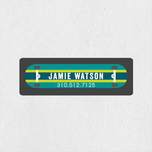 This is a teal name labels with standard by Shirley Lin Schneider called half pipe printing on waterproof sticker paper in sticker