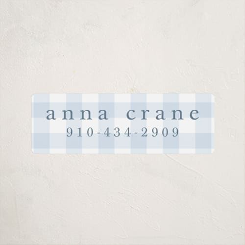 This is a bluebell name labels with standard by Stacey Meacham called gingham printing on waterproof sticker paper in sticker