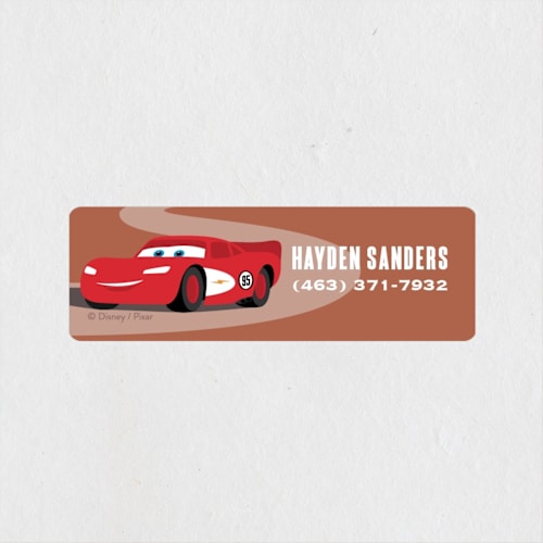 This is a red rock name labels with standard by Jill Means called lightning mcqueen route 66 from disney and pixar's cars printing on waterproof sticker paper in sticker