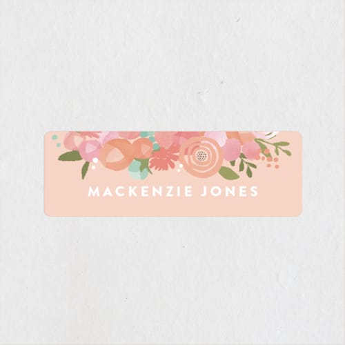 This is a peach name labels with standard by Jennifer Wick called blooming peonies printing on waterproof sticker paper in sticker