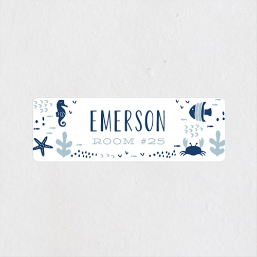 This is a aqua name labels with standard by Oma N. Ramkhelawan called under the sea printing on waterproof sticker paper in sticker