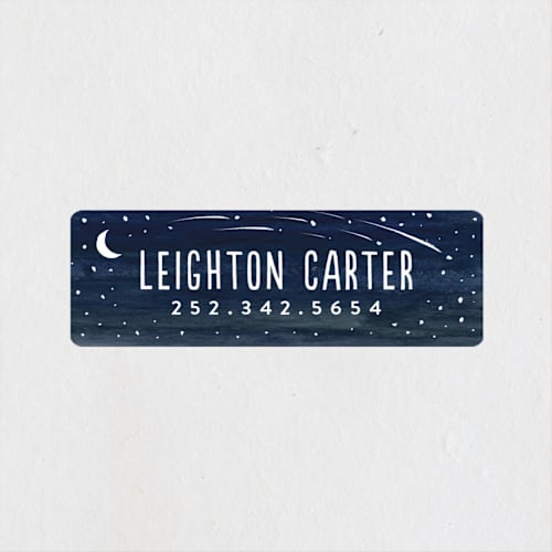 This is a midnight name labels with standard by Shiny Penny Studio called shooting star printing on waterproof sticker paper in sticker