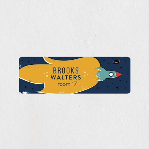 This is a celestial name labels with standard by Kelsey Cashman called rocket blast off printing on waterproof sticker paper in sticker