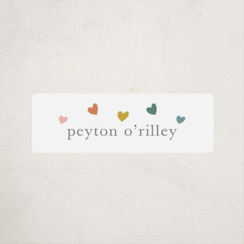 This is a rainbow name labels with standard by Stacey Meacham called rainbow hearts printing on waterproof sticker paper in sticker