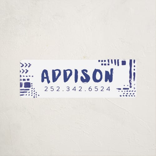 This is a navy name labels with standard by Shiny Penny Studio called watercolor geometrics printing on waterproof sticker paper in sticker
