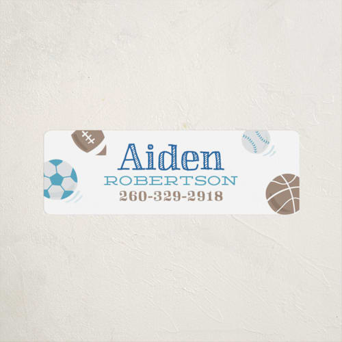 This is a indigo name labels with standard by Jessie Steury called ballgame printing on waterproof sticker paper in sticker