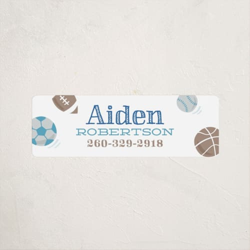 This is a indigo name labels with standard by Jessie Steury called ballgame printing on waterproof sticker paper in sticker