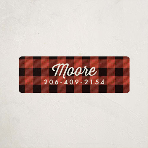 This is a crimson name labels with standard by Karidy Walker called buffalo plaid printing on waterproof sticker paper in sticker