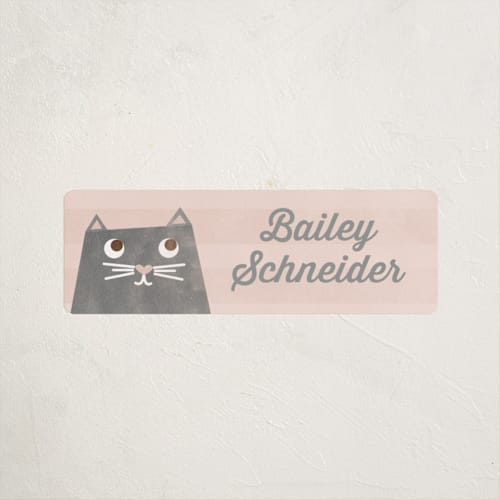This is a blush name labels with standard by Shirley Lin Schneider called the cat's meow printing on waterproof sticker paper in sticker