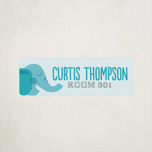 This is a turquoise name labels with standard by Jessie Steury called little elephant printing on waterproof sticker paper in sticker