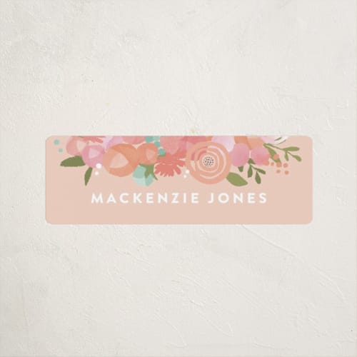 This is a peach name labels with standard by Jennifer Wick called blooming peonies printing on waterproof sticker paper in sticker