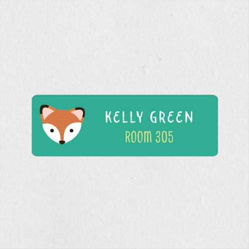 This is a teal name labels with standard by Shannon Chen of Four Wet Feet Studio called red fox printing on waterproof sticker paper in sticker