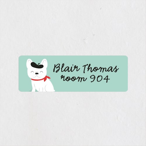 This is a mint name labels with standard by Susan Asbill called frenchie printing on waterproof sticker paper in sticker