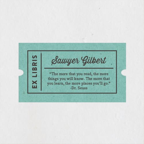This is a turquoise custom stickers with standard by Olivia Raufman called quotable bookplate printing on uncoated sticker paper in sticker