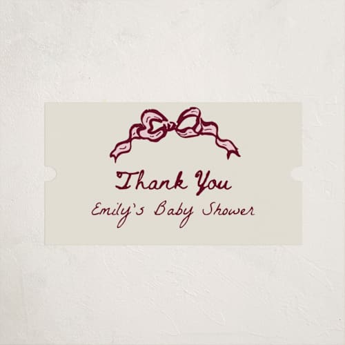 This is a rosewood baby shower favor labels with standard by Cass Loh called bow corners printing on uncoated sticker paper in sticker