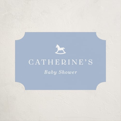 This is a baby blue baby shower favor labels with standard by Olivia Raufman called gingham rockinghorse printing on uncoated sticker paper in sticker