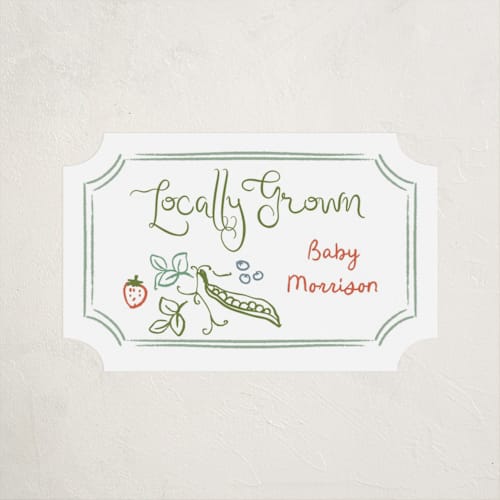 This is a meadow baby shower favor labels with standard by Jenna Holcomb called locally grown sketch printing on uncoated sticker paper in sticker