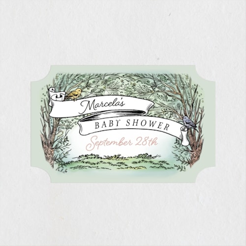 This is a mint baby shower favor labels with standard by Becky Nimoy called victorian forest scene printing on uncoated sticker paper in sticker