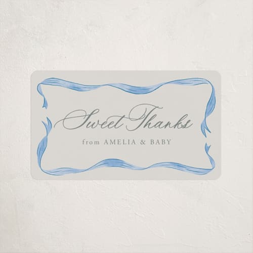 This is a baby blues baby shower favor labels with standard by Lehan Veenker called vintage bow printing on uncoated sticker paper in sticker