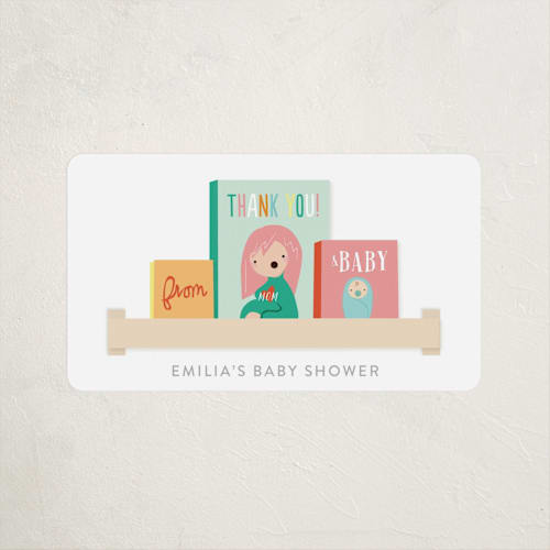 This is a brights baby shower favor labels with standard by Itsy Belle Studio called modern book shelf printing on uncoated sticker paper in sticker