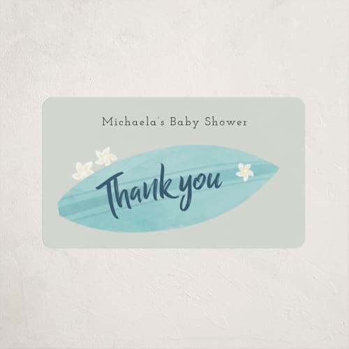This is a pebble baby shower favor labels with standard by Adelyn T. called surf baby printing on uncoated sticker paper in sticker