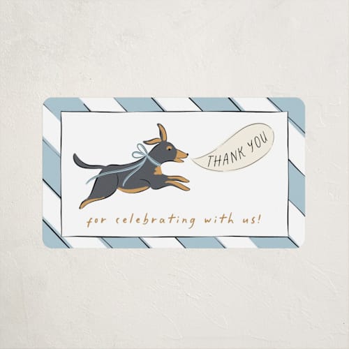 This is a fur baby shower favor labels with standard by Erin German called party puppies printing on uncoated sticker paper in sticker