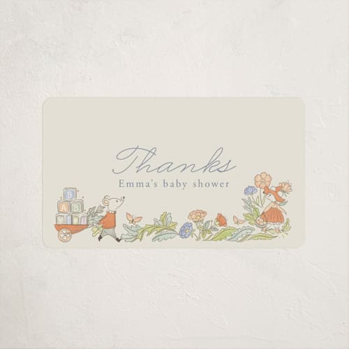 This is a vanilla baby shower favor labels with standard by Sabrin Deirani called vintage magic town printing on uncoated sticker paper in sticker