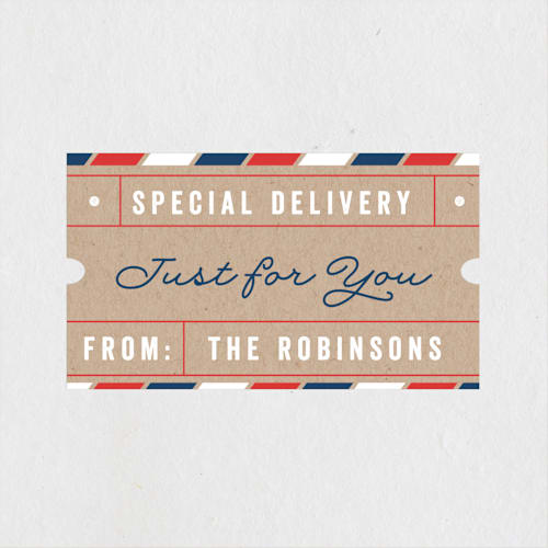 This is a denim custom stickers with standard by Shirley Lin Schneider called special delivery printing on uncoated sticker paper in sticker