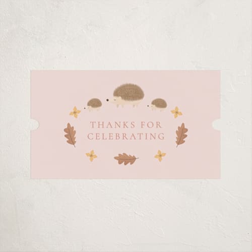 This is a salmon baby shower favor labels with standard by Sabrin Deirani called baby shower in the forest printing on uncoated sticker paper in sticker