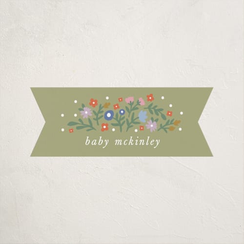 This is a summer baby shower favor labels with standard by Kelly Watkins called floral archway printing on uncoated sticker paper in sticker
