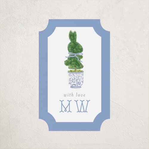 This is a periwinkle baby shower favor labels with standard by Jenna Holcomb called topiary printing on uncoated sticker paper in sticker
