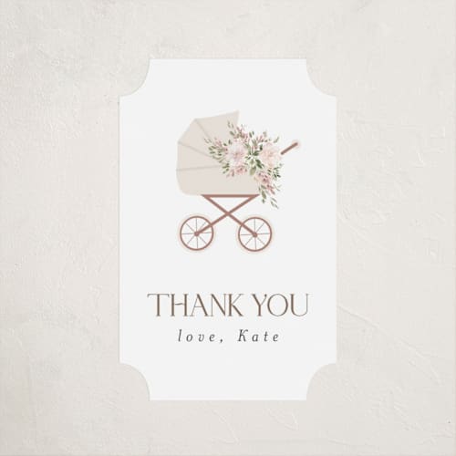 This is a dusty rose baby shower favor labels with standard by Itsy Belle Studio called baby carriage printing on uncoated sticker paper in sticker
