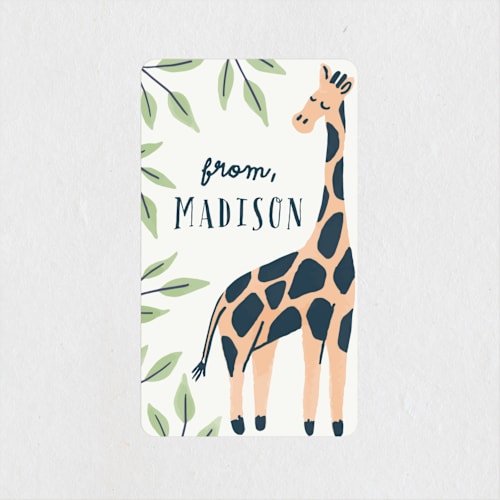 This is a mustard kids stickers with standard by Everett Paper Goods called wild giraffe printing on uncoated sticker paper in sticker