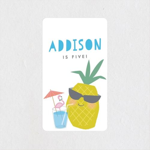 This is a blue hawaiian kids stickers with standard by Karidy Walker called party like a pineapple printing on uncoated sticker paper in sticker