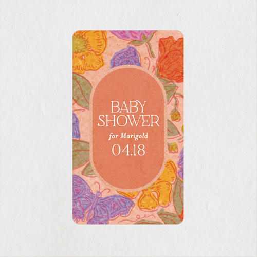 This is a peach baby shower favor labels with standard by Simona Camp called vintage garden printing on uncoated sticker paper in sticker
