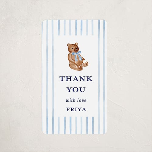 This is a cloud baby shower favor labels with standard by Sarah Knight called pinstripe printing on uncoated sticker paper in sticker