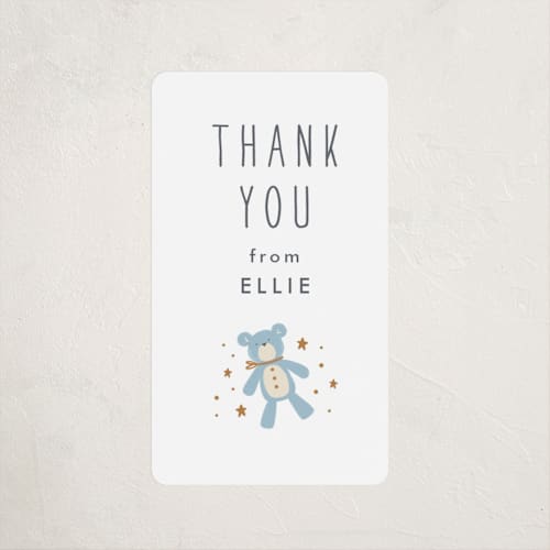 This is a powder blue baby shower favor labels with standard by JeAnna Casper called toys printing on uncoated sticker paper in sticker