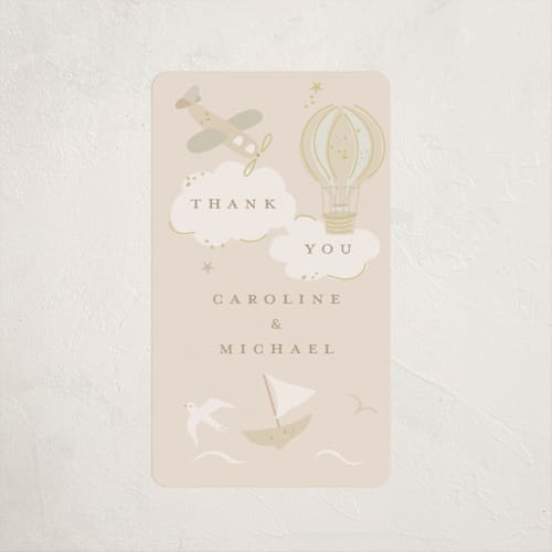This is a blush baby shower favor labels with standard by Jennifer Holbrook called our journey printing on uncoated sticker paper in sticker