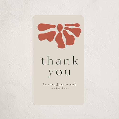 This is a coral baby shower favor labels with standard by Joyce Pinheiro called modern bloom printing on uncoated sticker paper in sticker