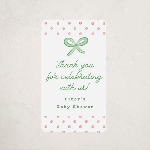 This is a strawberry baby shower favor labels with standard by Erin German called polka dot frame printing on uncoated sticker paper in sticker
