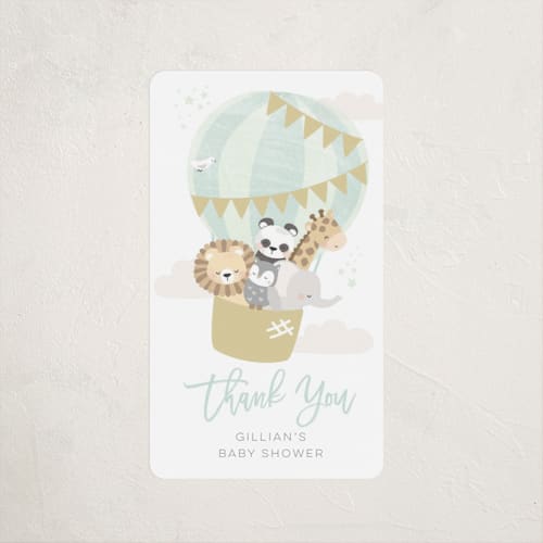 This is a seafoam baby shower favor labels with standard by peetie design called baby balloon ride printing on uncoated sticker paper in sticker